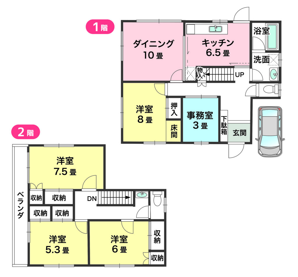 にこにこビレッジ桜ヶ丘の間取り図。1階に洋室8帖の101号室、2階に201号室7.5帖・202号室5.3帖・203号室6帖